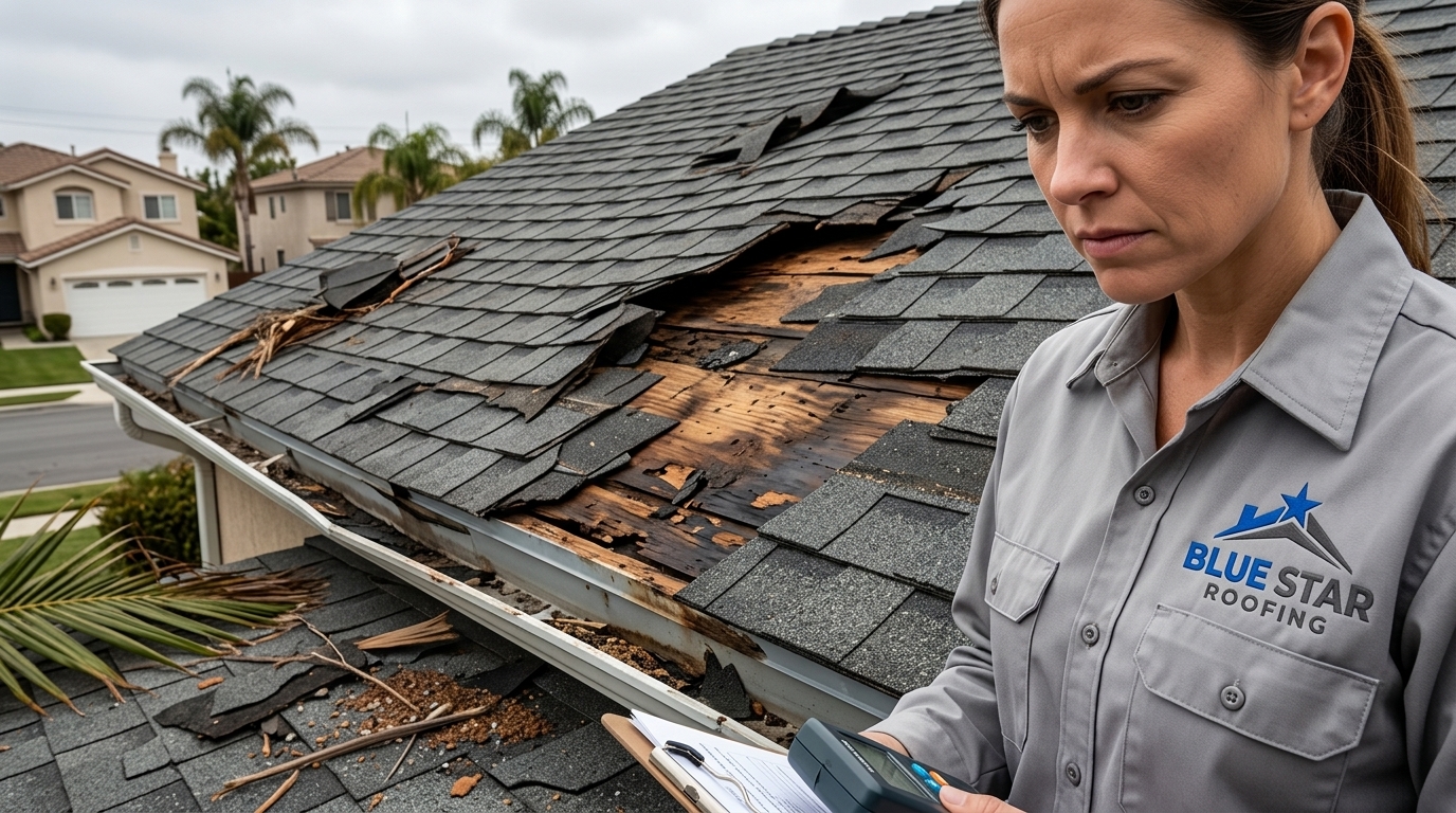 Close-up of storm-damaged roof shingles and exposed decking that require emergency roof repair Irvine services immediately.