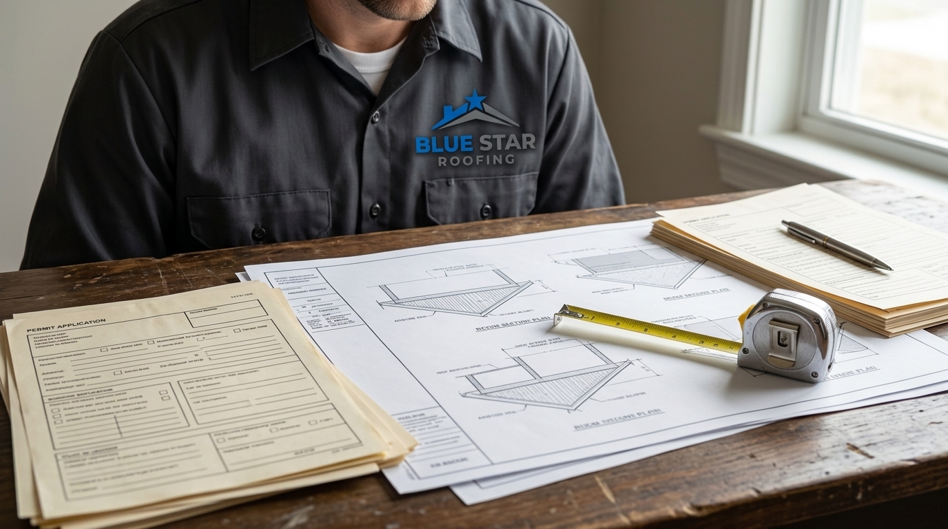 Building permit documents and roof plans laid out on a desk representing the roofing permit Irvine application process