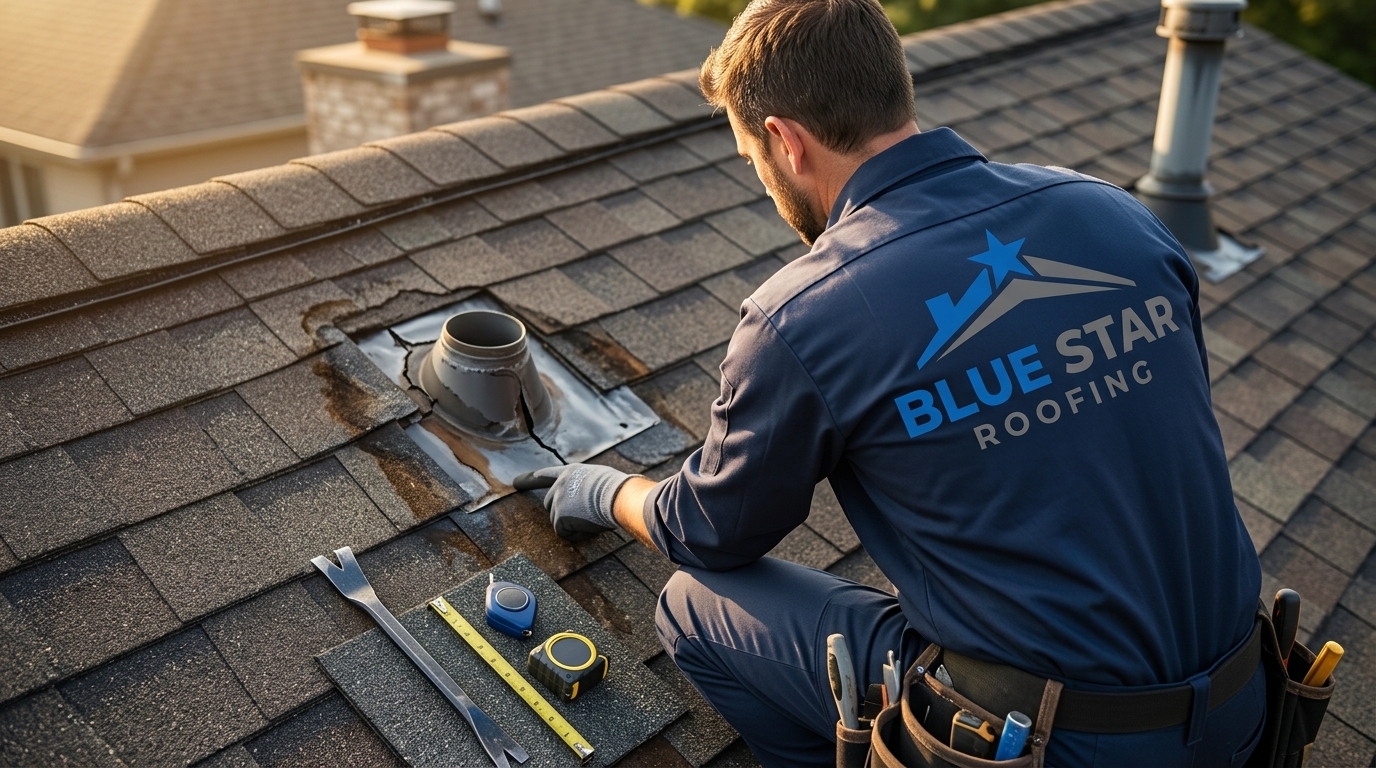 A professional contractor assessing a roof leak Irvine property owner reported near the flashing and ridge line