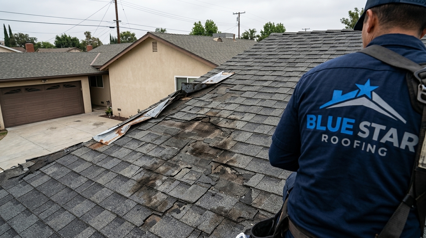 Damaged residential roof showing warning signs that indicate the need for roof repair Irvine homeowners should not ignore