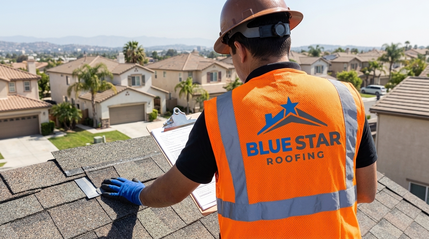 A building inspector examining a newly installed roof during a roofing permit Irvine inspection visit