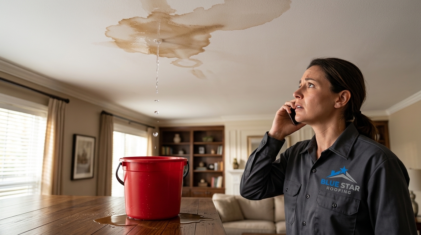 Interior ceiling water stain and active drip indicating the need for emergency roof repair Irvine before further structural damage occurs.