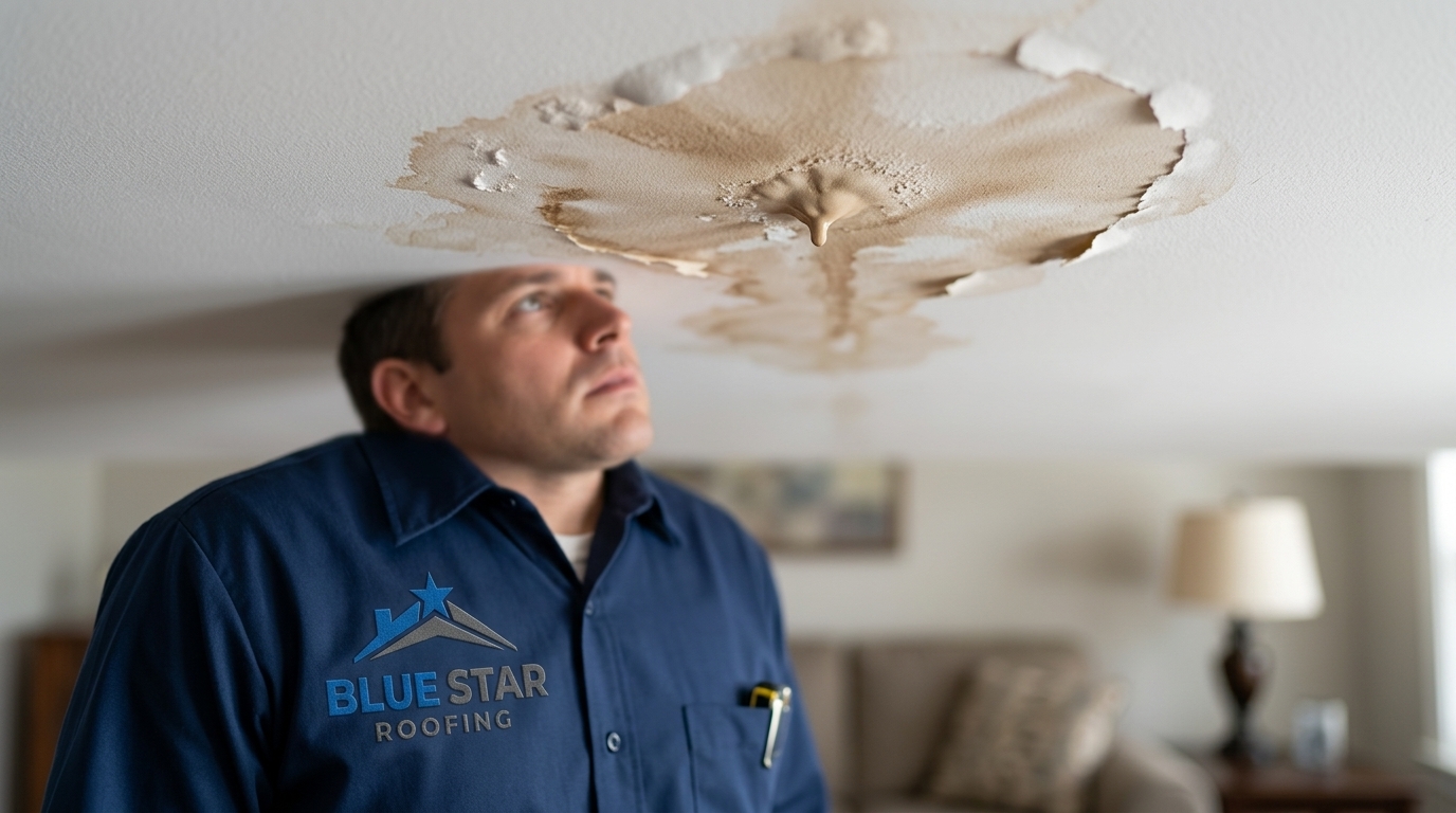 Interior ceiling water stain caused by a roof leak Irvine homeowners often notice before spotting exterior damage