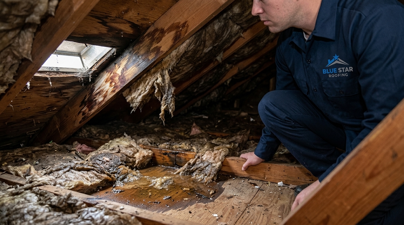 Interior attic showing water damage and leak evidence that signals the need for roof repair Irvine residents should address quickly