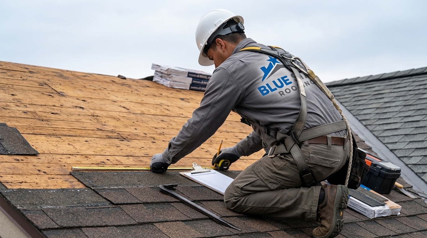 A roofing professional inspecting a roof structure as part of a solar roofing Irvine pre-installation assessment