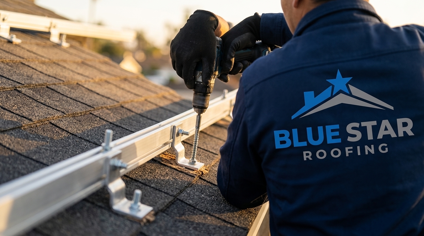 Close-up of solar panel mounting hardware being installed as part of a solar roofing Irvine project
