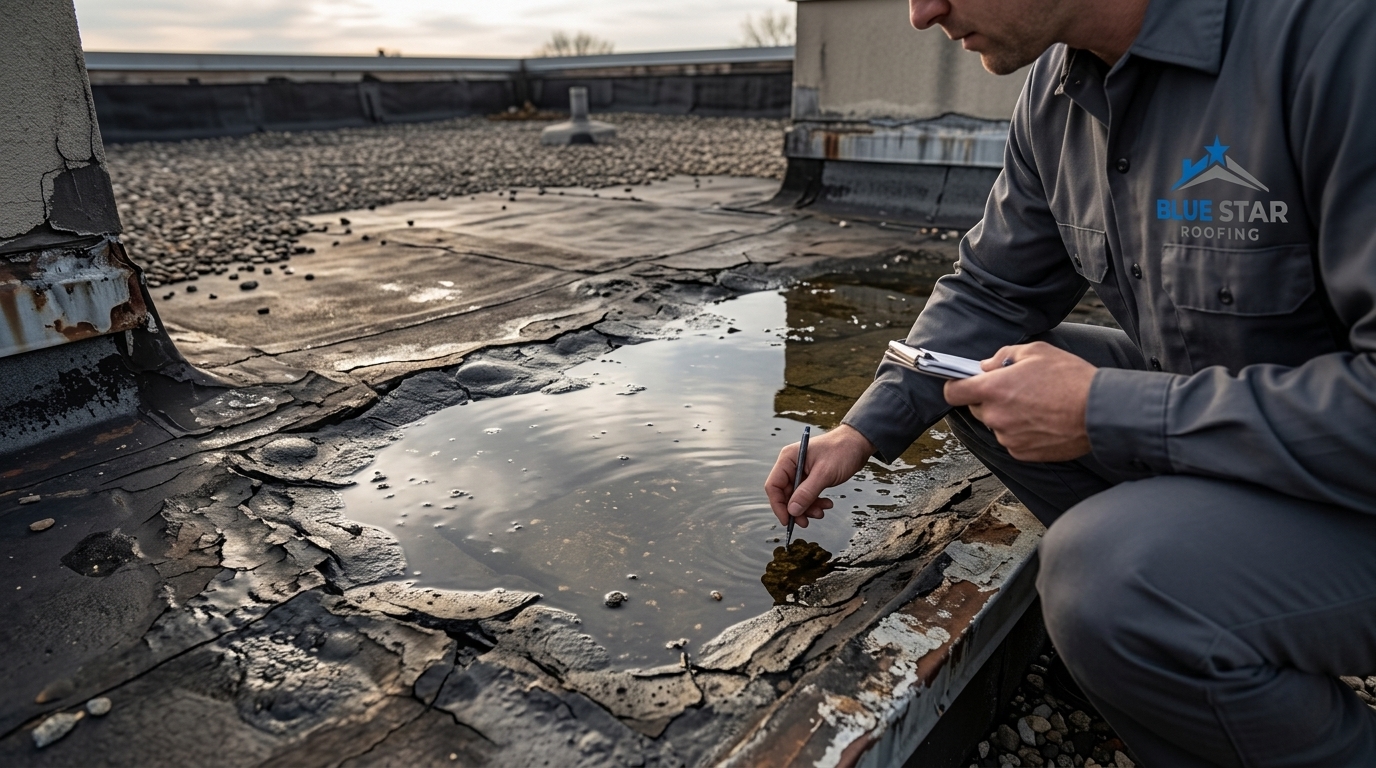 Damaged flat roof Irvine surface showing ponding water and cracked membrane that requires professional repair