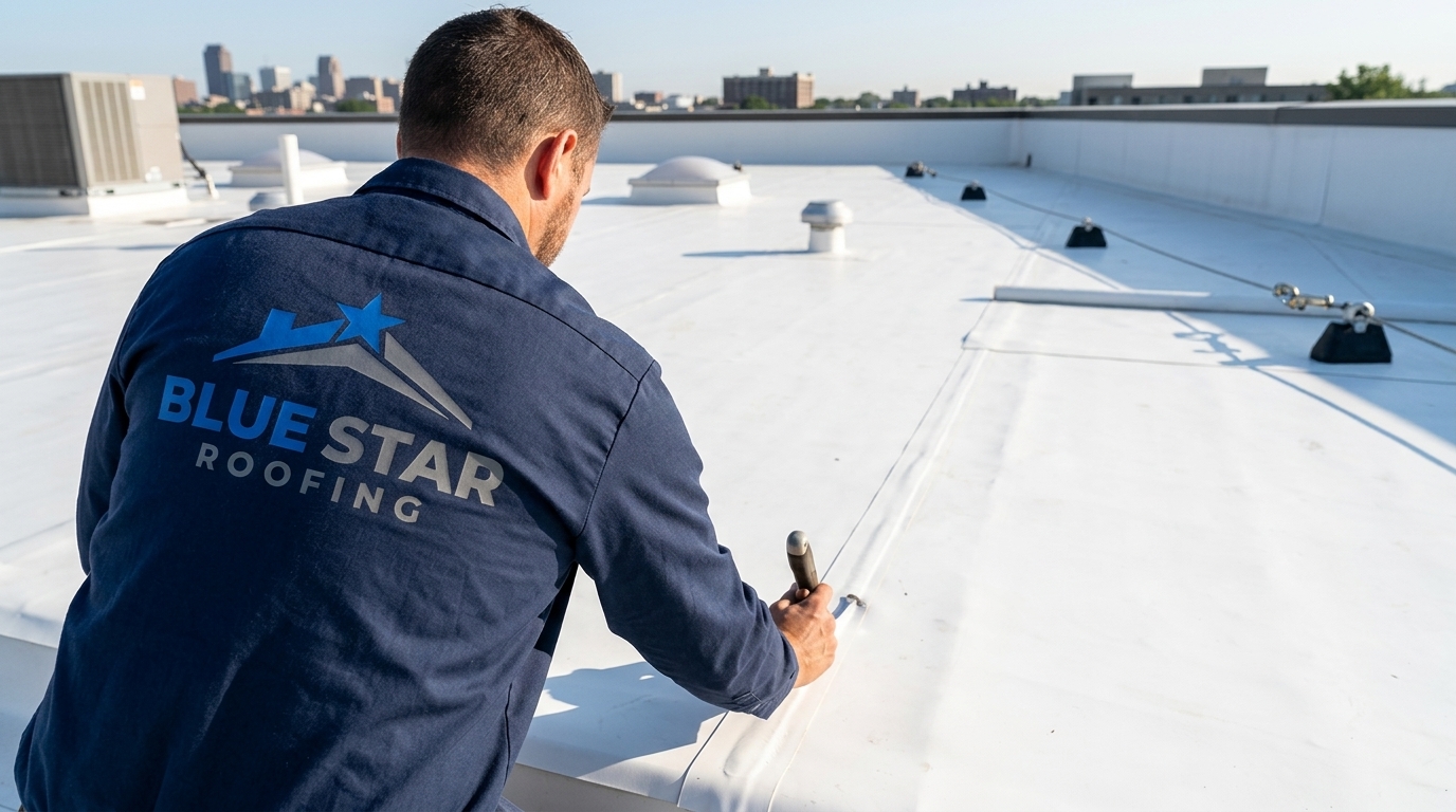 Roofing technician inspecting a TPO membrane seam during a flat roof Irvine inspection and repair assessment