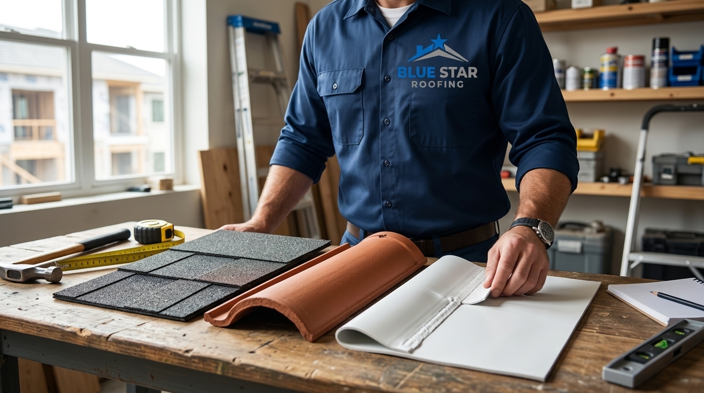 Side-by-side roofing material samples illustrating how material choice affects new roof cost Irvine homeowners face