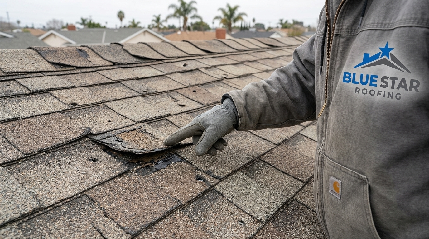 Close-up of roof storm damage that would be documented during a roof insurance Irvine inspection