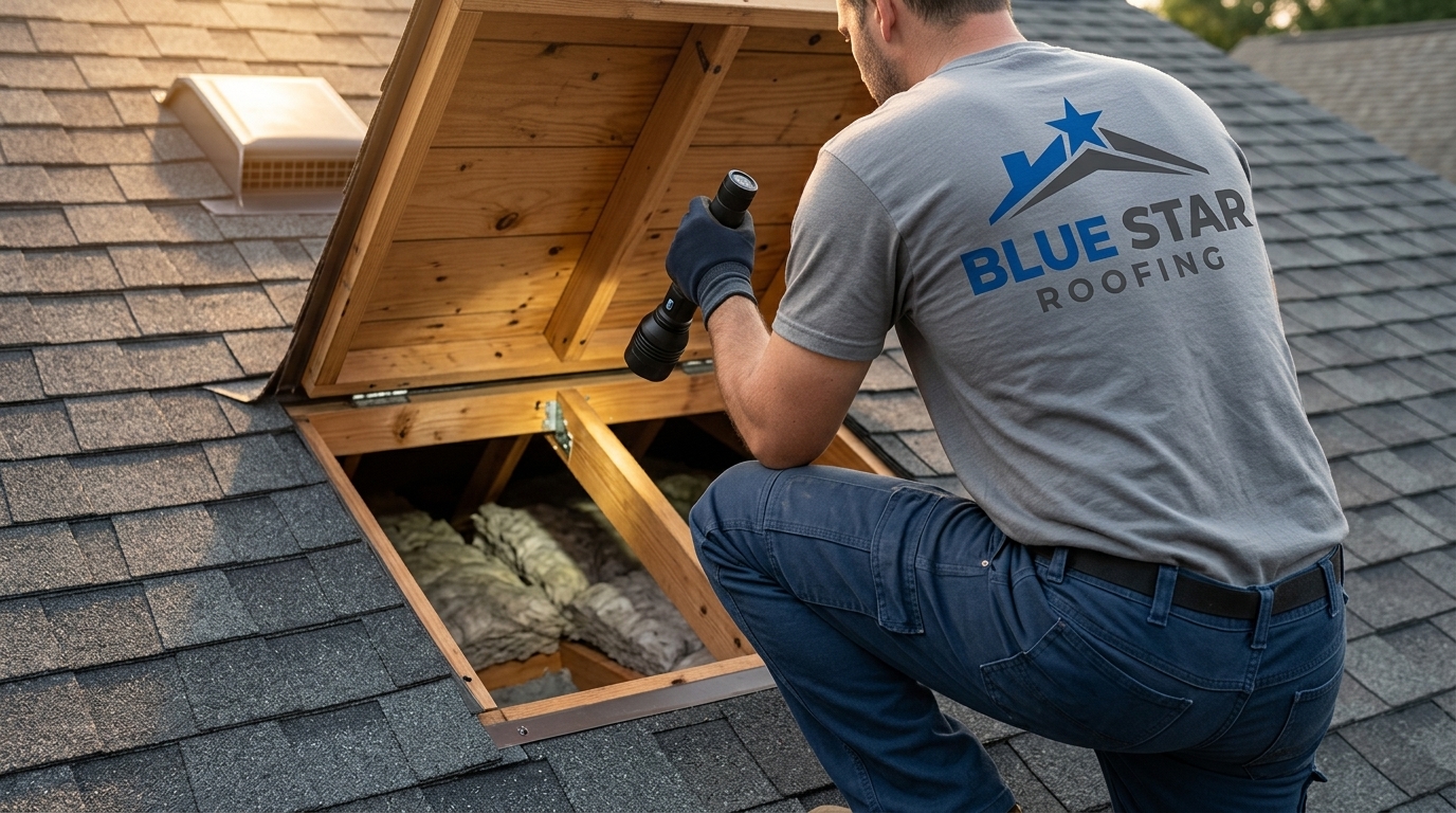 A contractor checking attic and decking during a roof inspection Irvine residents scheduled after noticing interior moisture