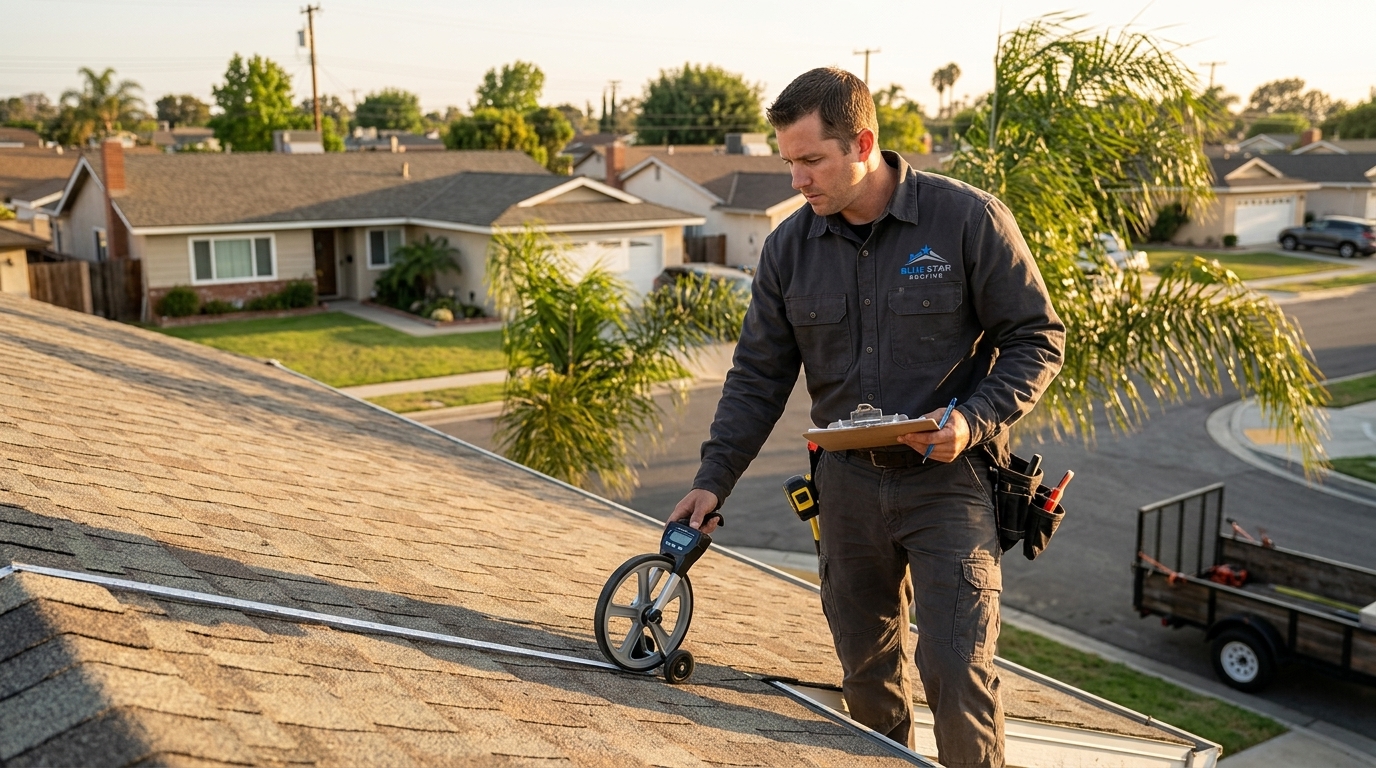 Roofing contractor measuring roof size to calculate new roof cost Irvine estimate for a homeowner