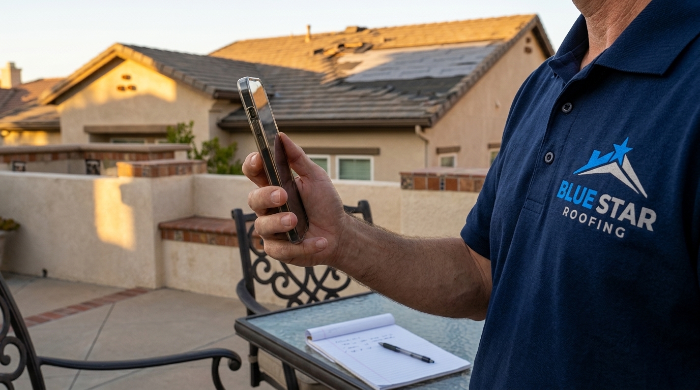 A homeowner documenting roof damage with a smartphone as the first step in a roof insurance Irvine claim