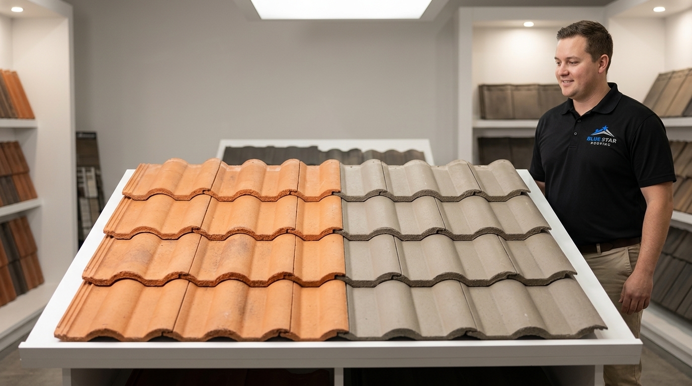 Clay and concrete tile samples representing the two main options for tile roofing Irvine homeowners typically choose between