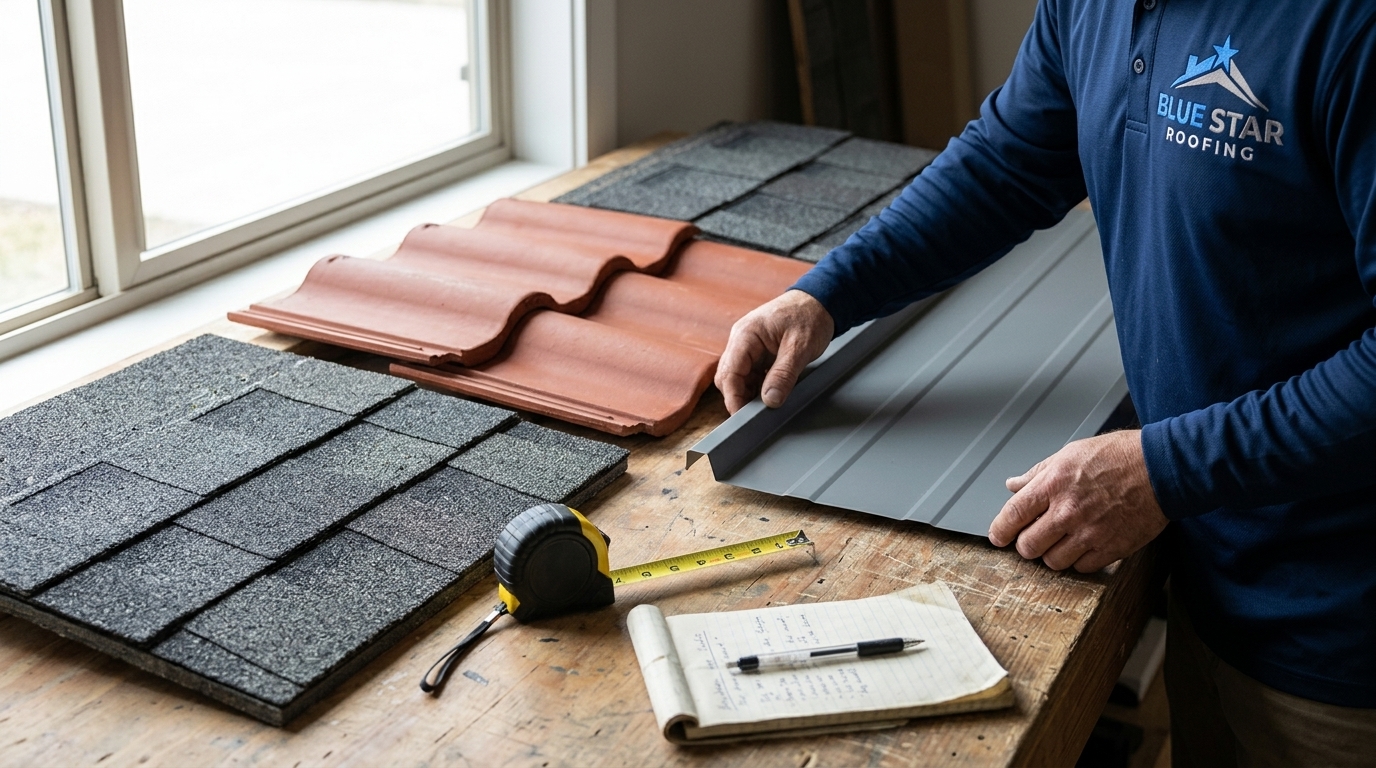 Side-by-side roofing material samples showing how material choice affects roof replacement cost Irvine homeowners pay