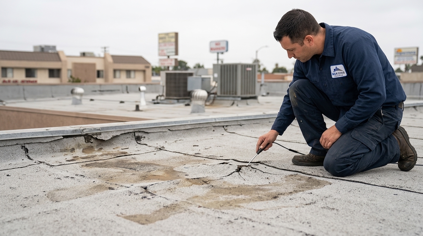 Visible damage on a commercial roofing Irvine flat roof showing cracking and membrane lifting that requires professional repair