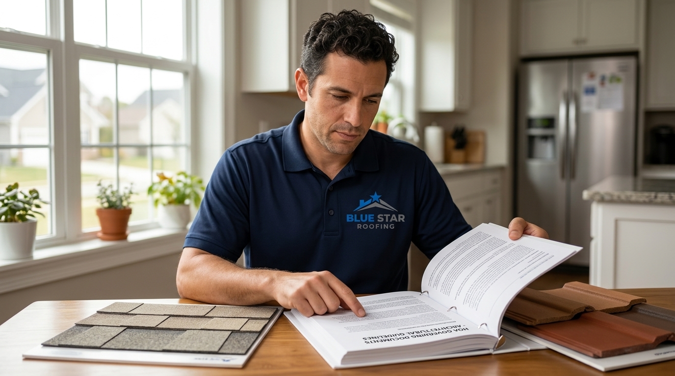 A homeowner reviewing HOA roofing Irvine guidelines and material samples before starting a roof replacement project
