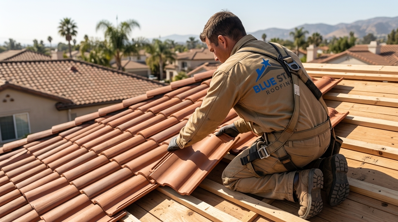 A skilled installer carefully placing clay tiles during a tile roofing Irvine installation on a residential home