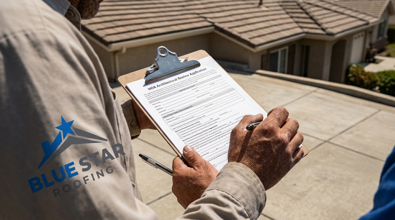 A roofing contractor completing an HOA architectural review application as part of the HOA roofing Irvine approval process