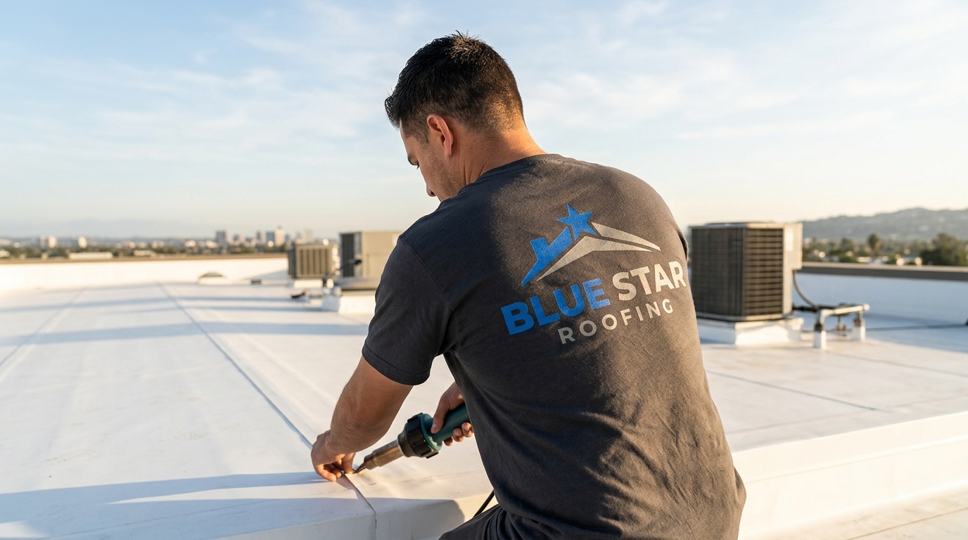 A roofing technician inspecting seams during a commercial roofing Irvine flat roof assessment