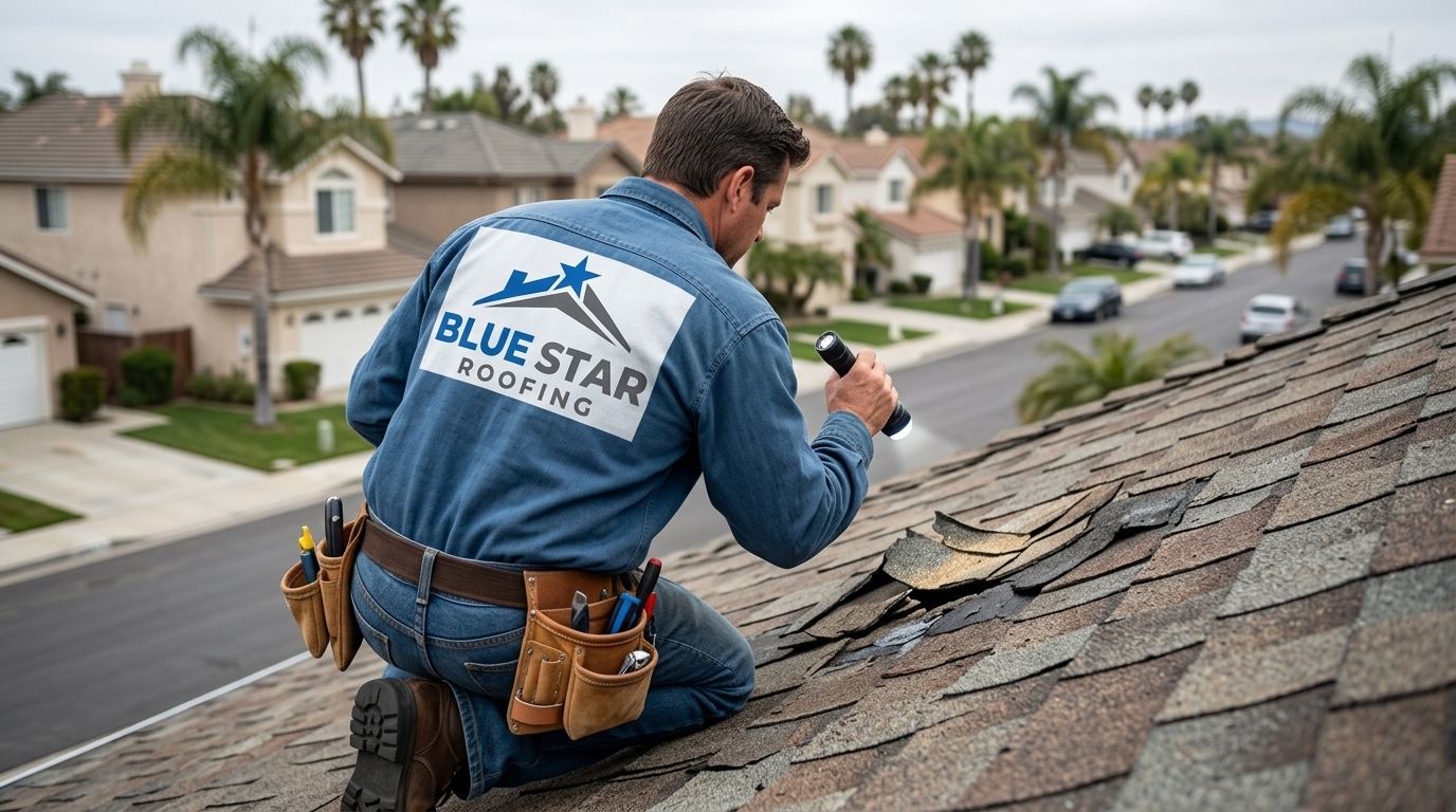 A roofing contractor inspecting damaged shingles to assess roof replacement cost Irvine residents should budget for