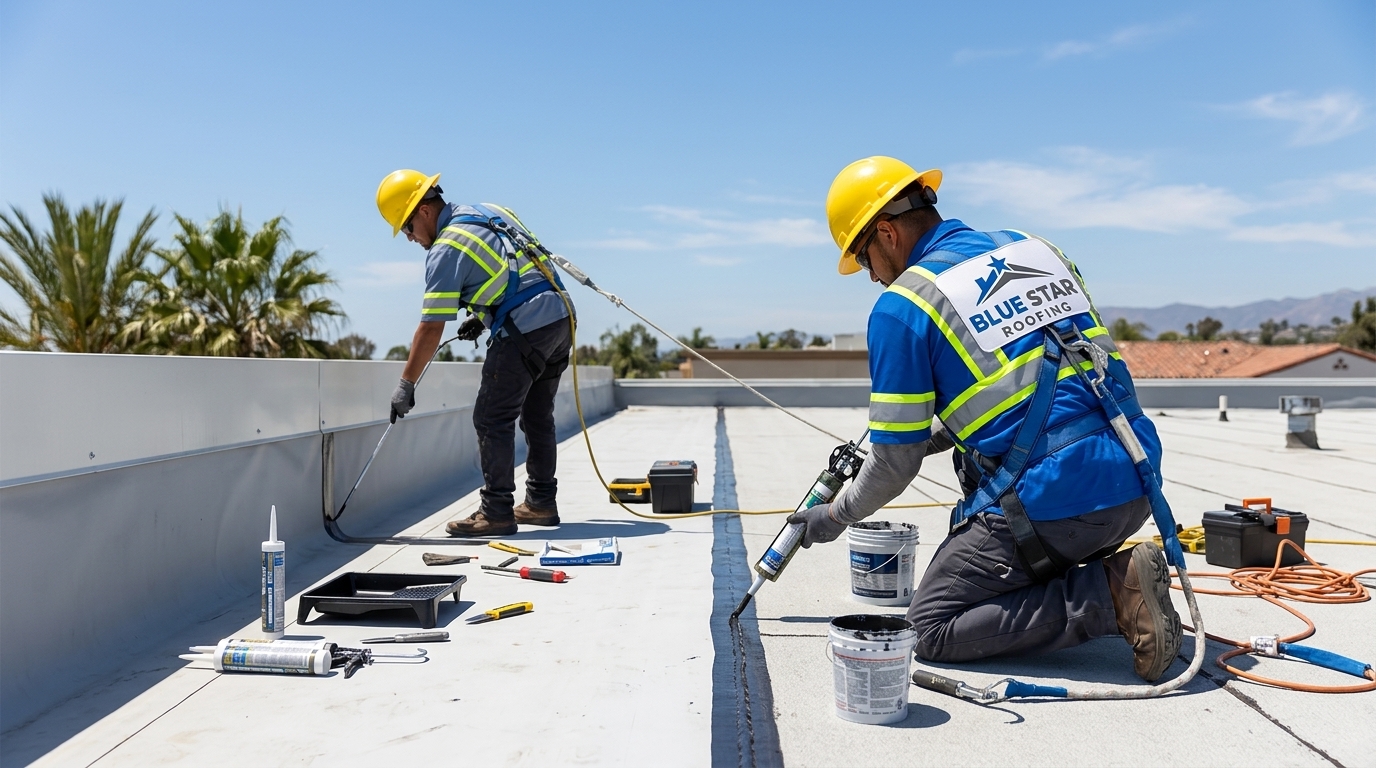 Professional roofing crew performing flat roof Anaheim repair work on a residential property under bright California sunlight
