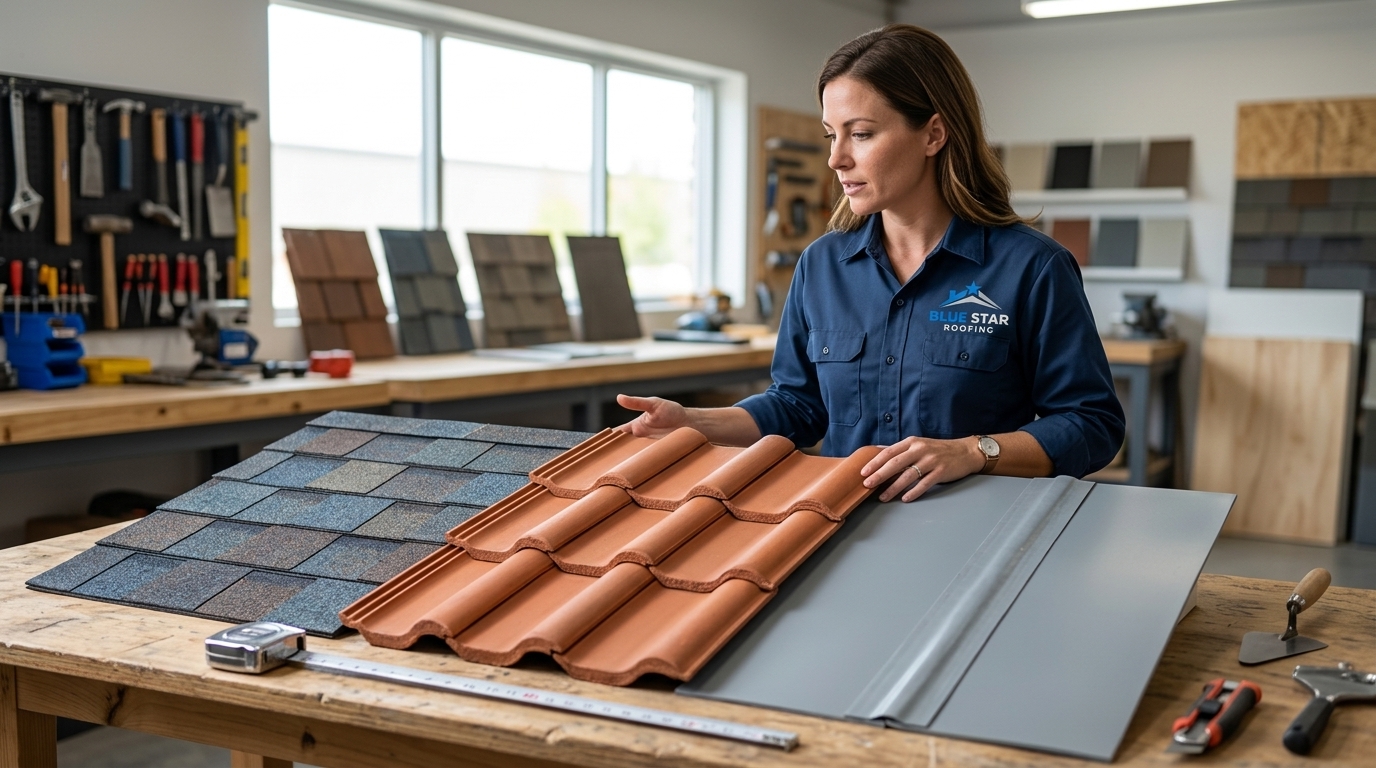 Three roofing material samples compared side by side to illustrate how material choice affects new roof cost Anaheim estimates.