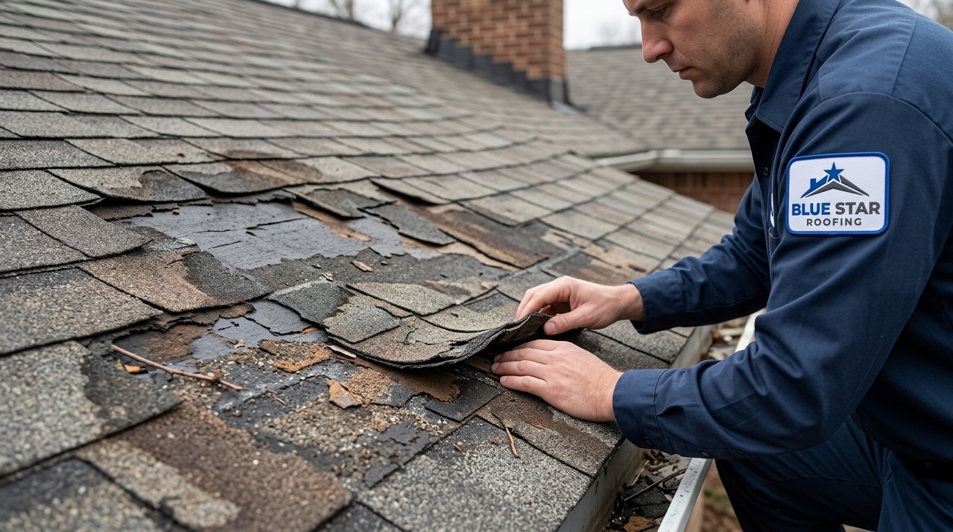 Curling and cracked shingles on an Anaheim roof showing signs that require emergency roof repair Anaheim services