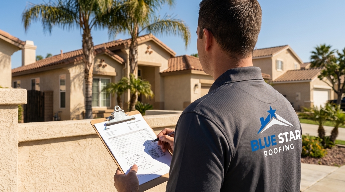 A roofing contractor reviewing a written estimate that breaks down new roof cost Anaheim homeowners need to understand before signing.