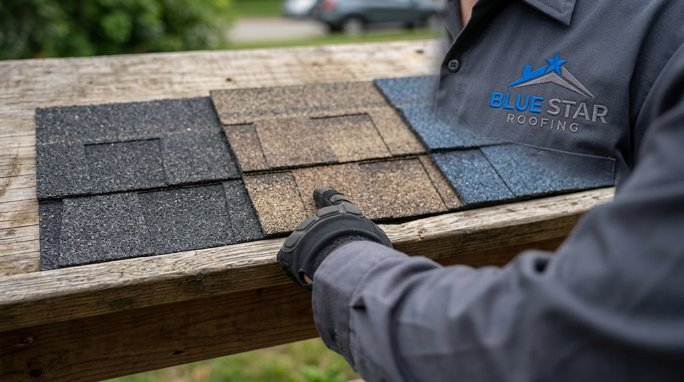 A roofing contractor reviewing asphalt shingle samples relevant to shingle roofing Anaheim material selection