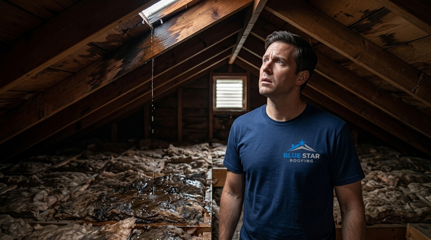 Water stains and wet insulation inside an Anaheim attic revealing the need for emergency roof repair Anaheim intervention