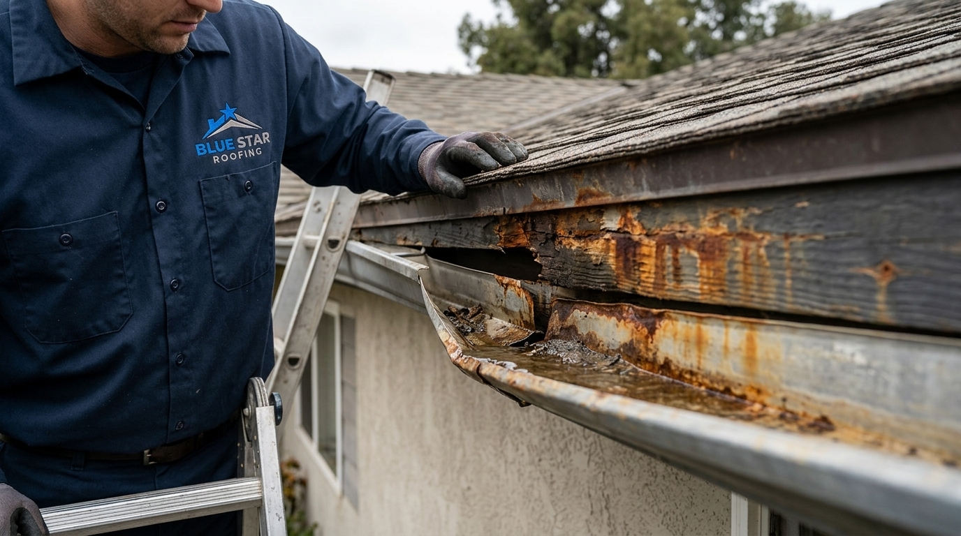 Damaged and sagging gutters on a home illustrating why gutter Anaheim inspections matter before problems worsen