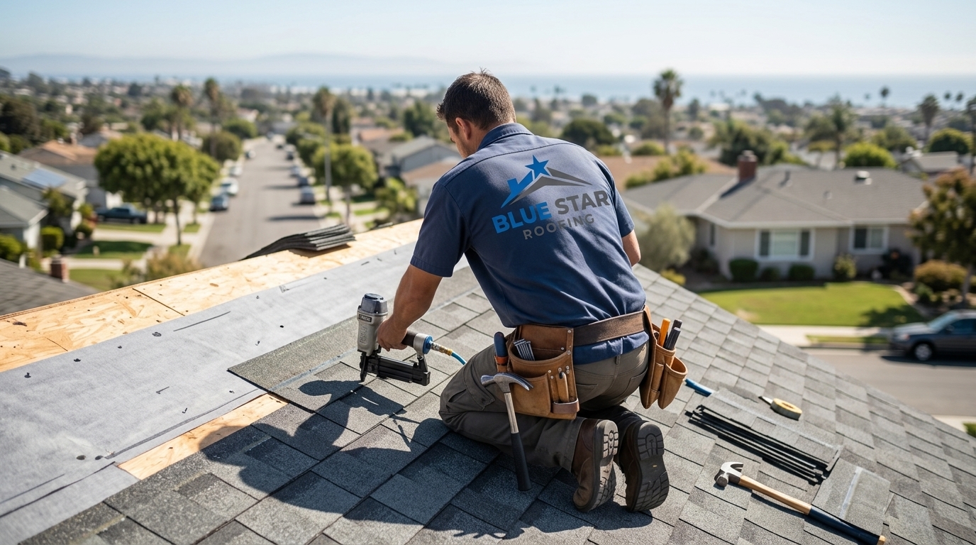 A roofer installing architectural shingles during a shingle roofing Anaheim project on a residential home