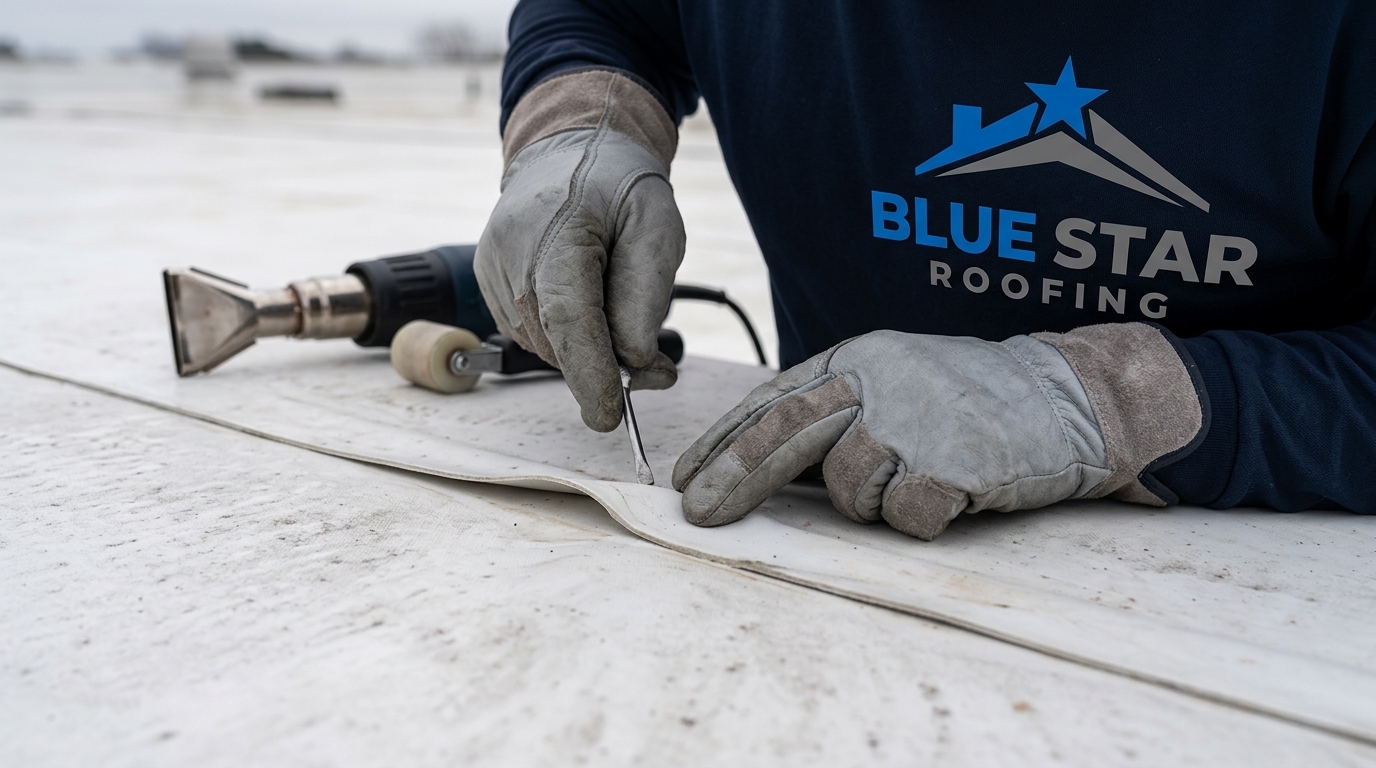 Close-up of a TPO membrane seam being inspected during a flat roof Anaheim repair service