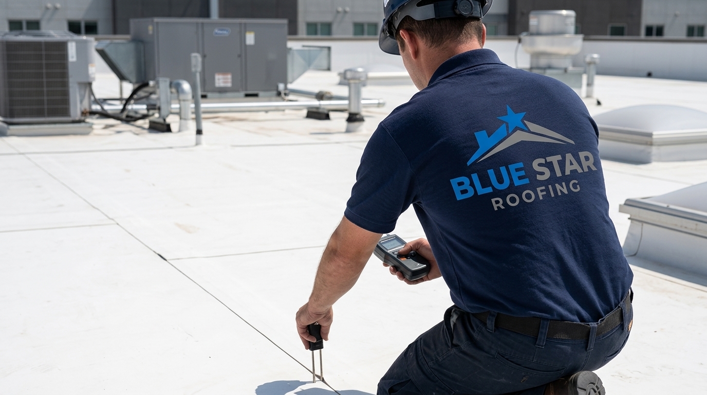 A roofing inspector testing membrane seams during a commercial roofing Anaheim inspection using a moisture detection tool