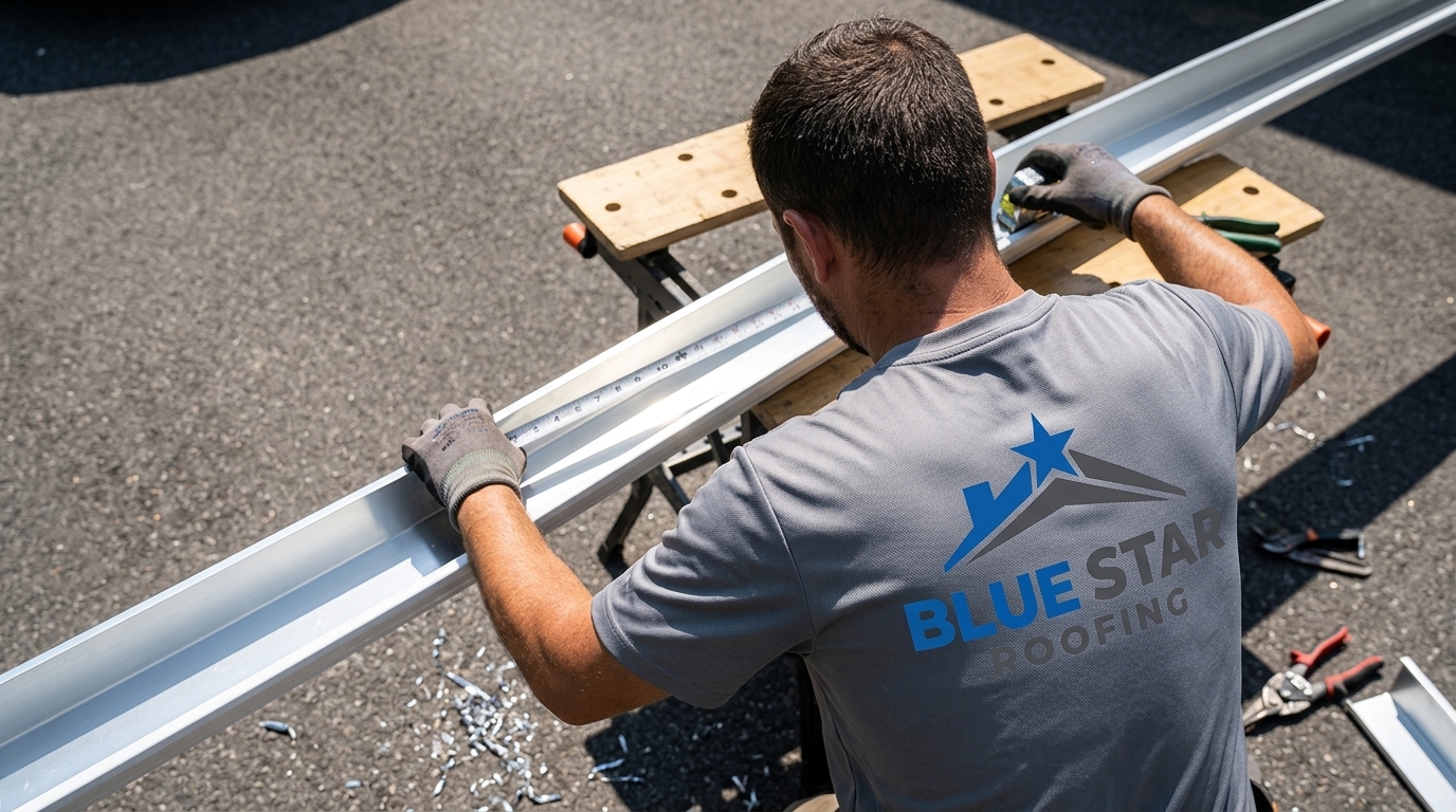A contractor measuring seamless aluminum gutters during a gutter Anaheim installation project
