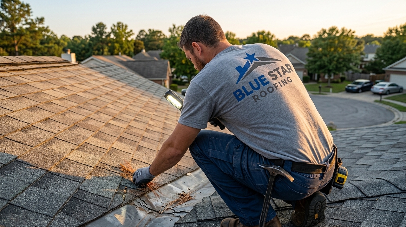 A contractor inspecting roof flashing and valleys during a free roof inspection Anaheim residents scheduled before the rainy season