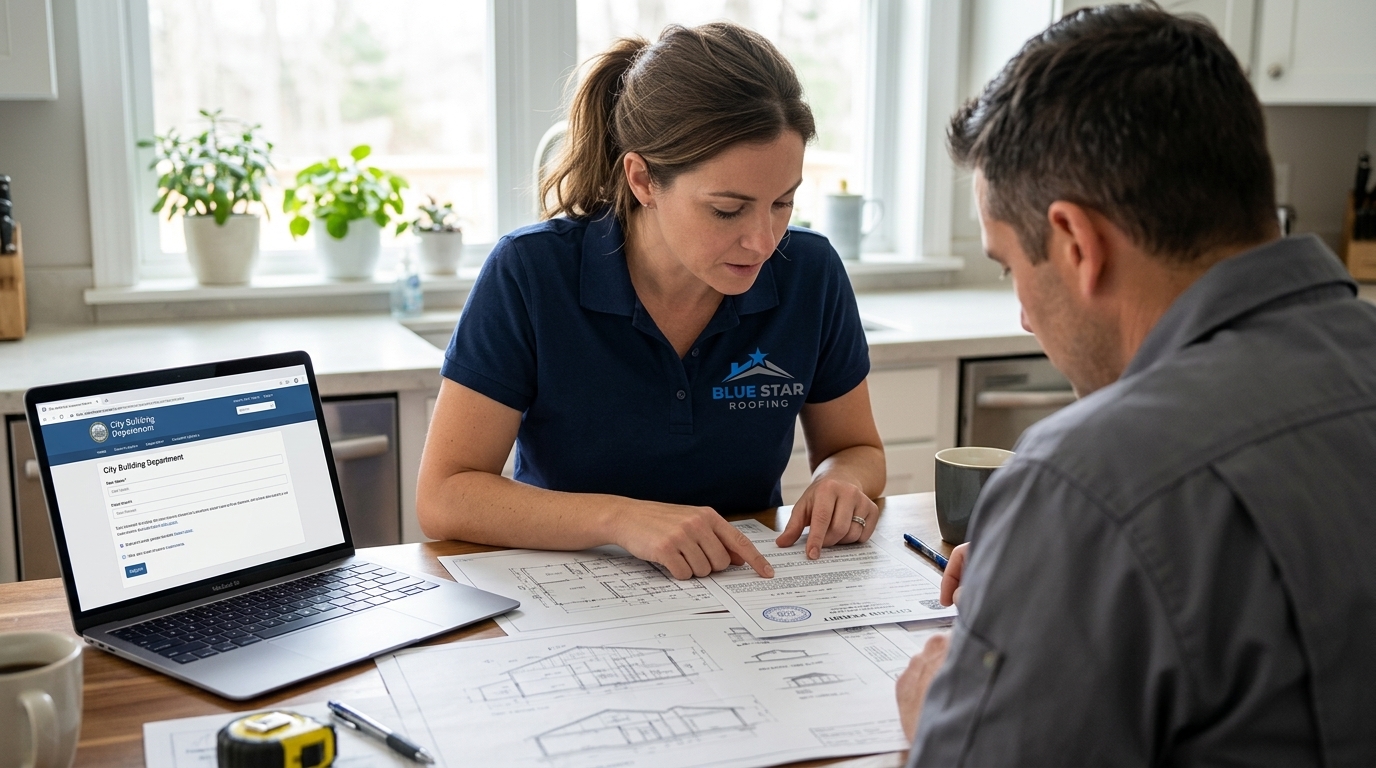 A homeowner reviewing roofing permit Anaheim documentation with a contractor before a roof replacement project