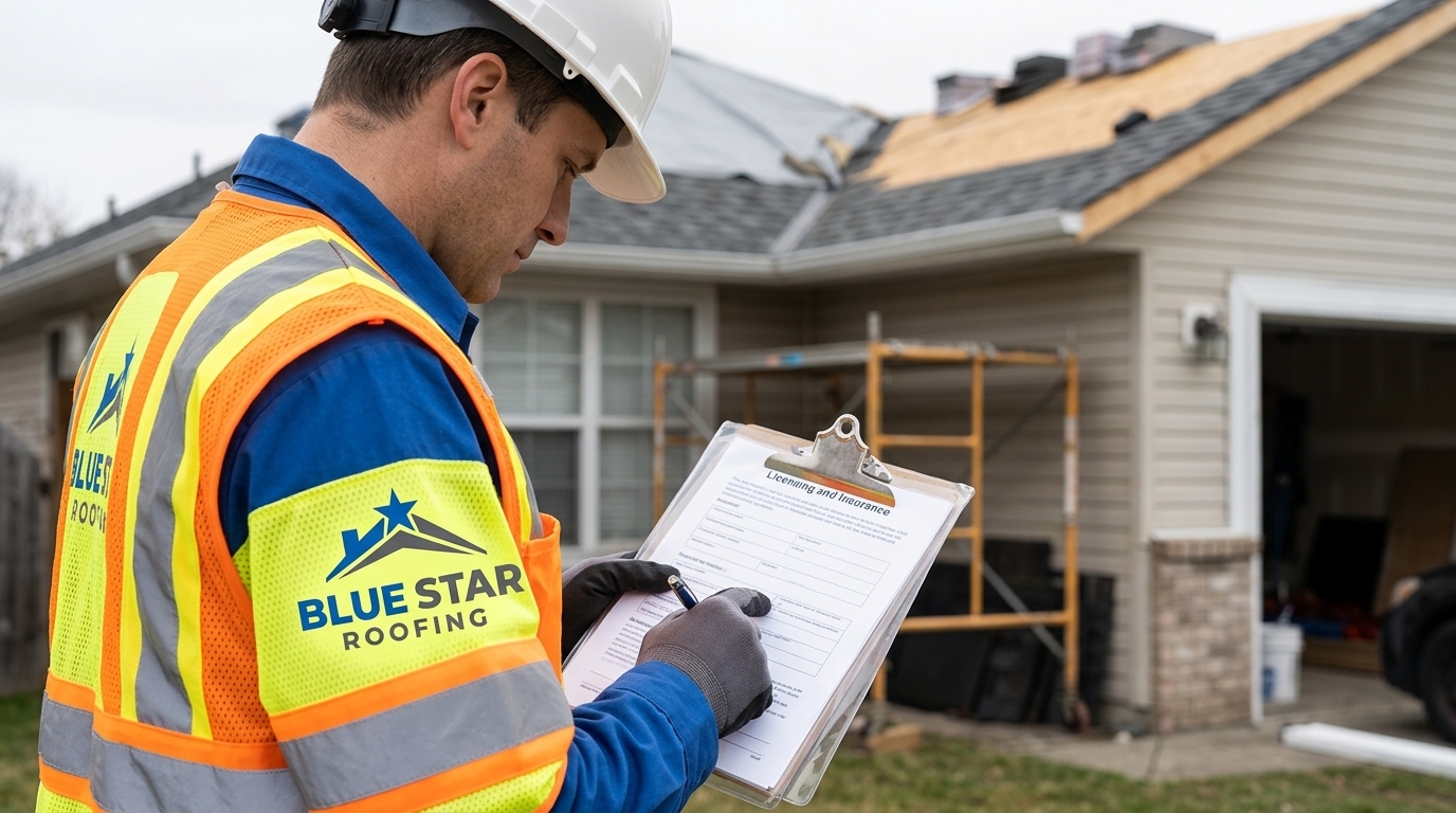 A roofing company contractor reviewing licensing and insurance paperwork before starting a residential roof project.