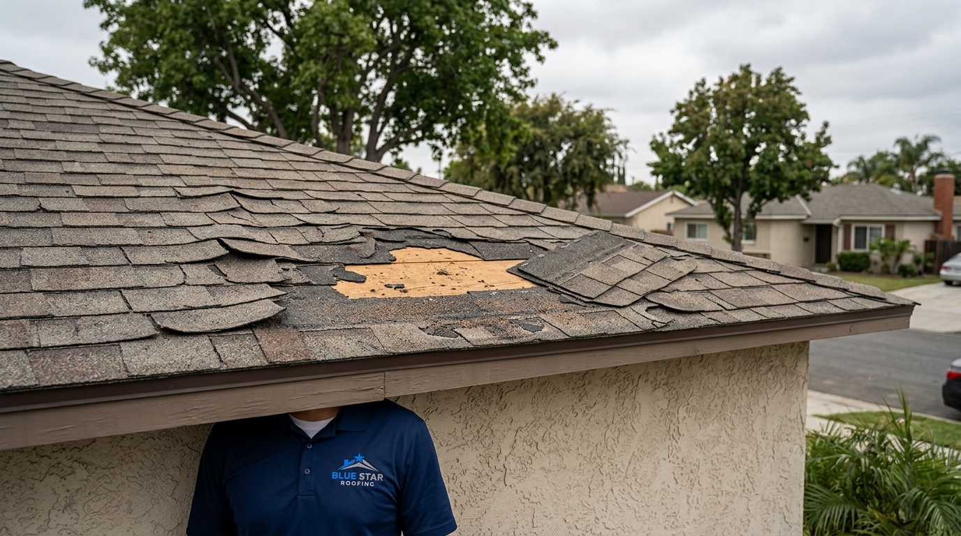 Damaged shingles on an Anaheim home that needs attention from a qualified roofing company Anaheim residents trust.