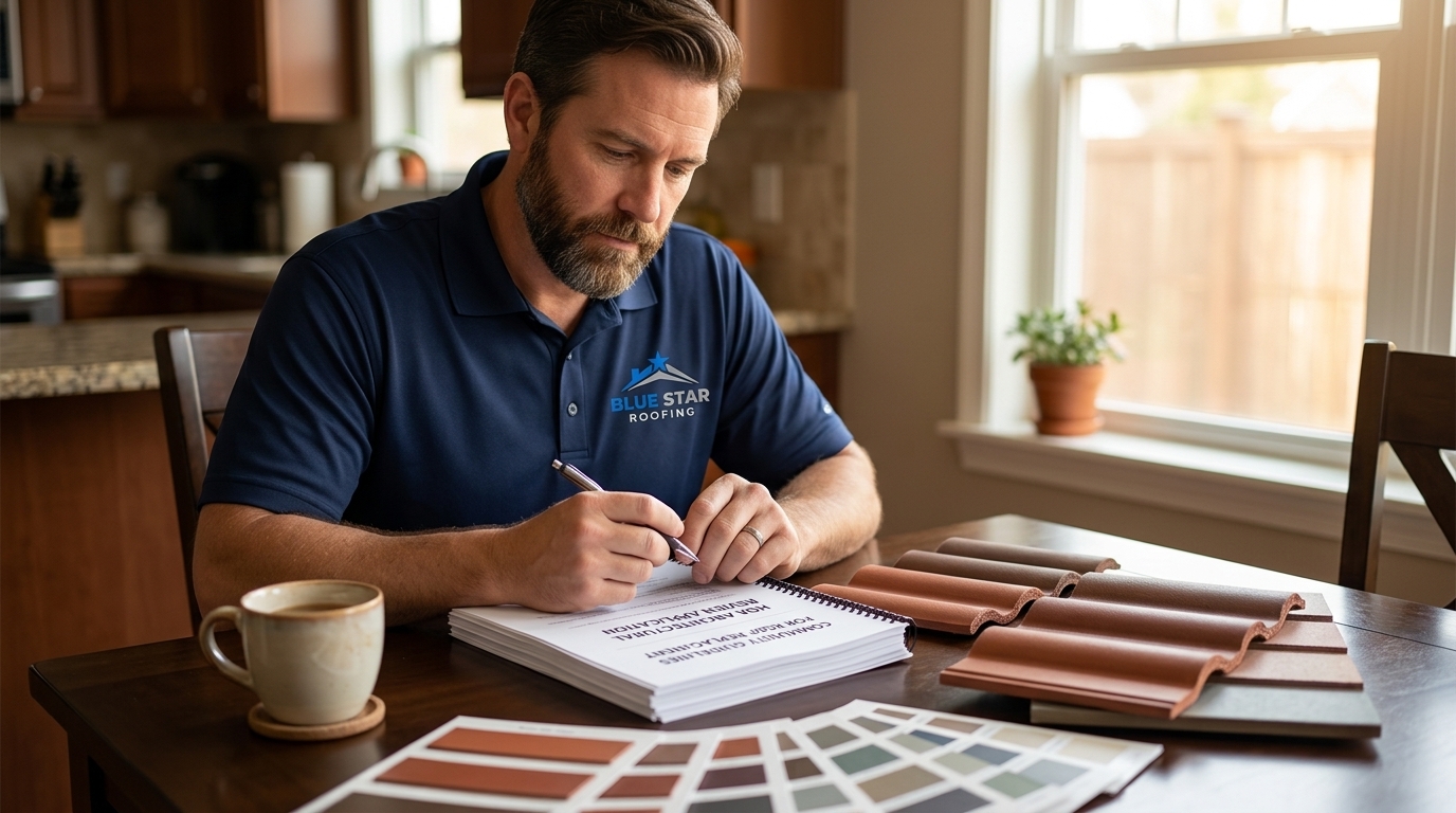A homeowner reviewing HOA roofing Anaheim approval documents and material samples before submitting a project request