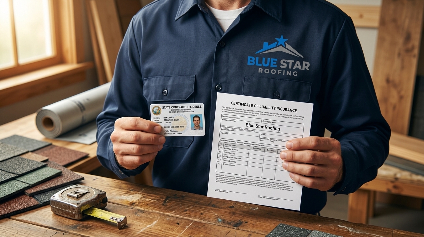 Close-up of roofing company licensing and insurance documents that homeowners should verify before hiring.
