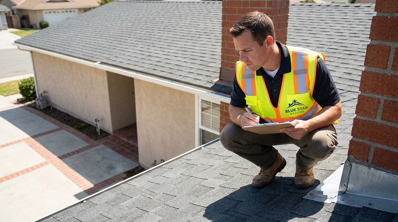 A roofing company Anaheim inspector carefully examining flashing and shingle condition during a professional roof inspection.