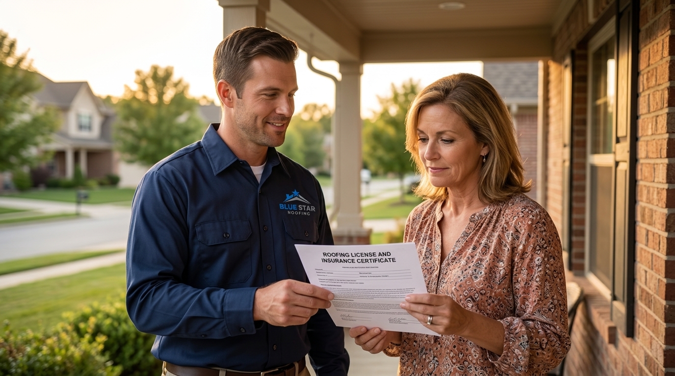 A licensed roofer presenting license and insurance documents to a homeowner before starting a roofing project