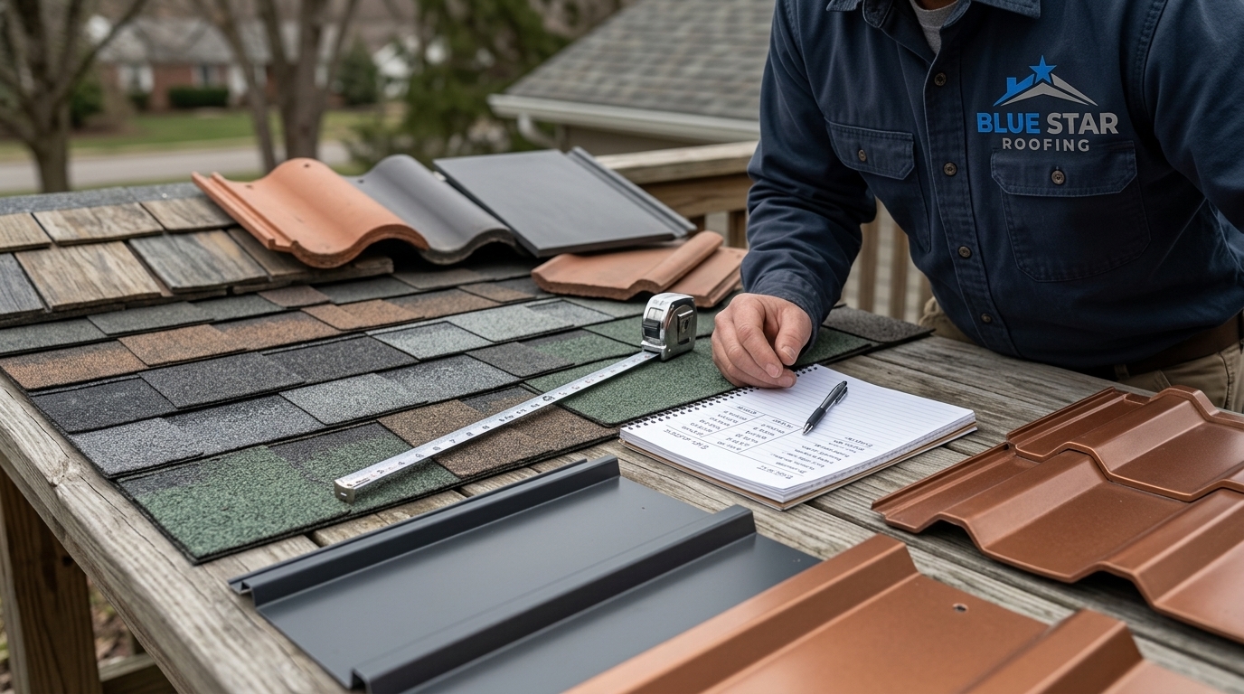 Roofing material samples compared side by side to illustrate how material choice affects roof replacement cost Anaheim