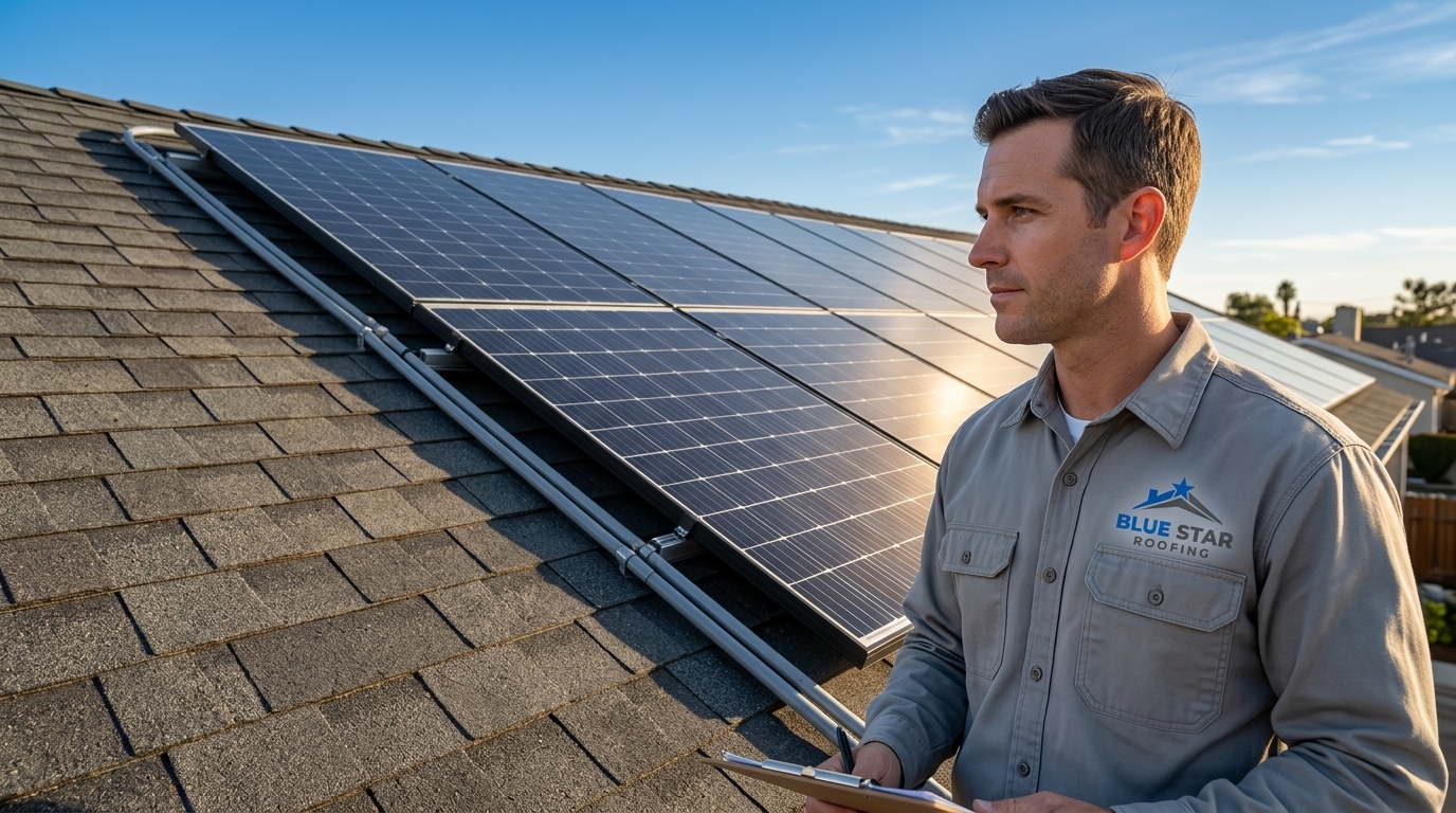A side-by-side comparison on a residential roof showing traditional shingles next to solar panels, relevant to solar roofing Anaheim upgrade decisions.
