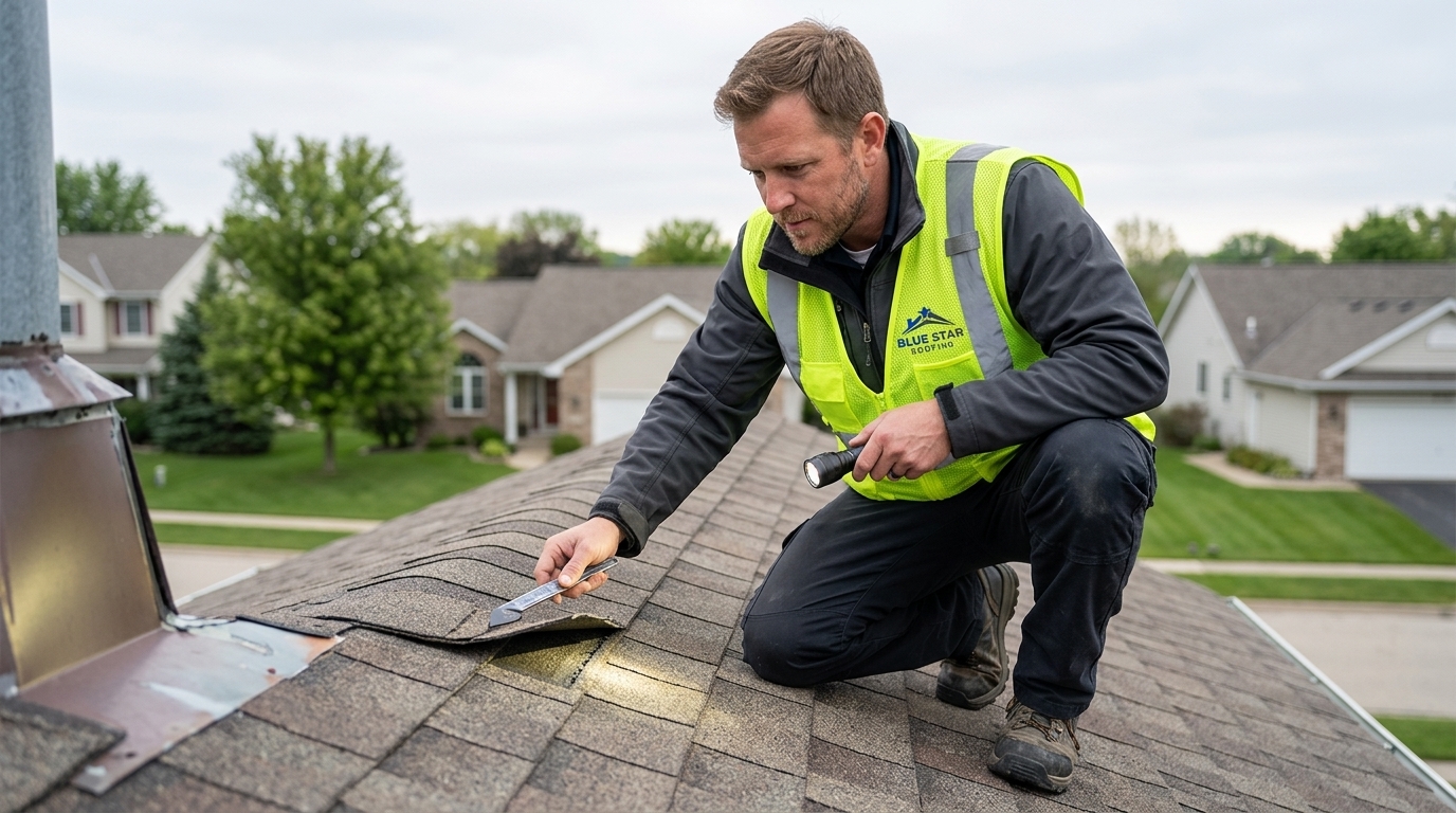A best roofer Anaheim professional conducting a detailed roof inspection on a residential property to assess shingle and flashing condition.