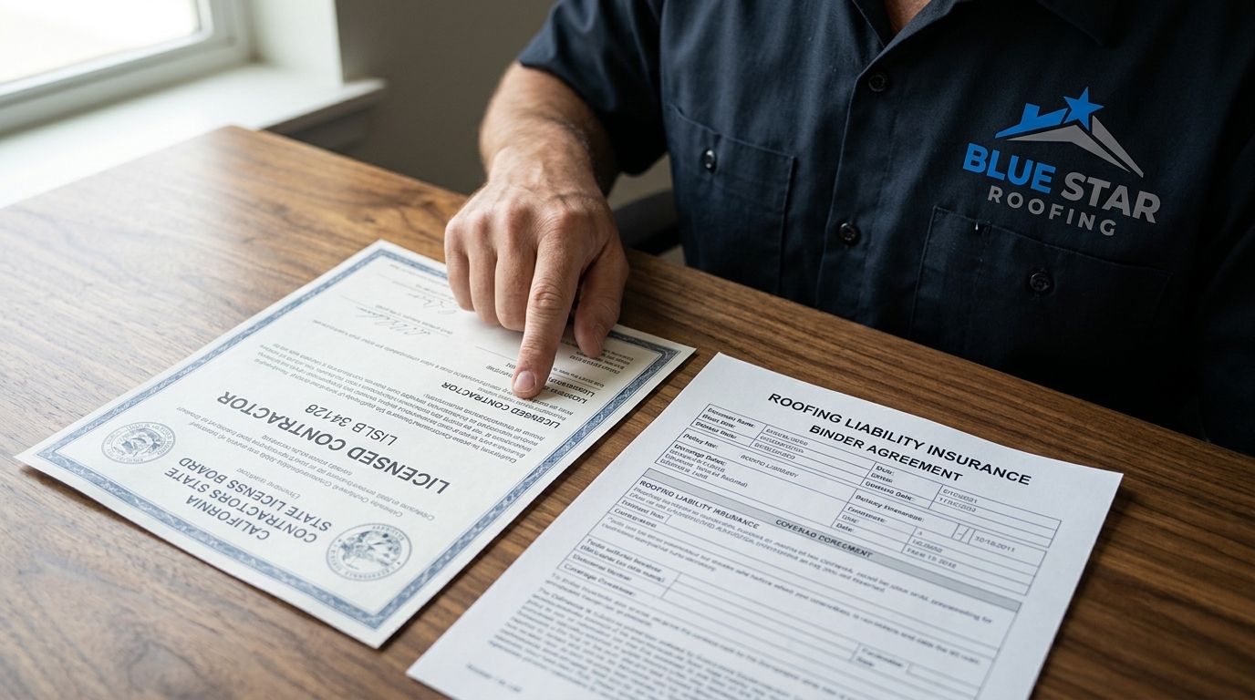 Close-up of a CSLB licensed roofer's credentials including a state license certificate and proof of insurance on a desk