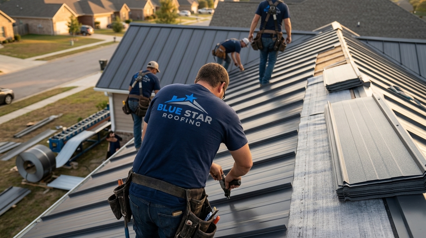 A professional crew completing a metal roofing Anaheim installation with standing-seam panels in golden afternoon light