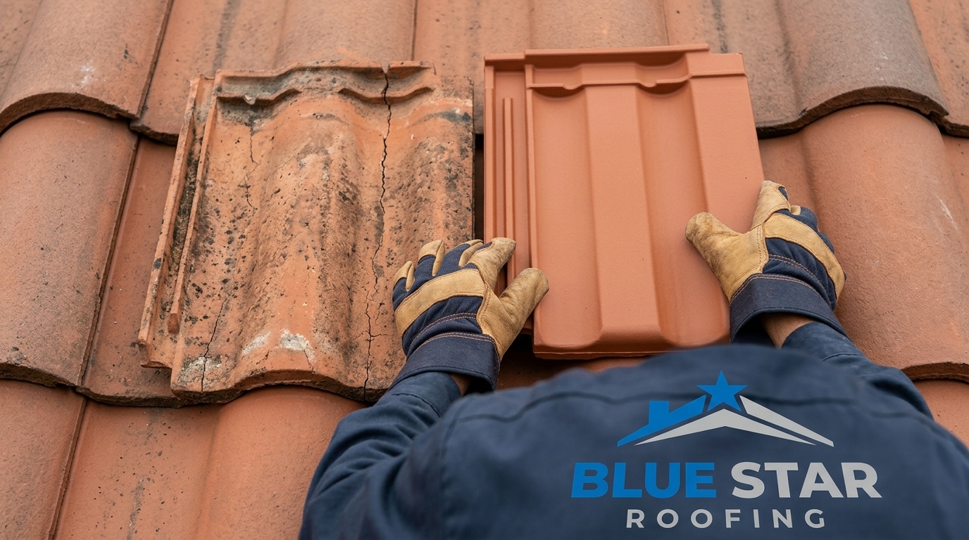 A roofer carefully installing HOA-approved replacement tiles during an HOA roofing Anaheim project